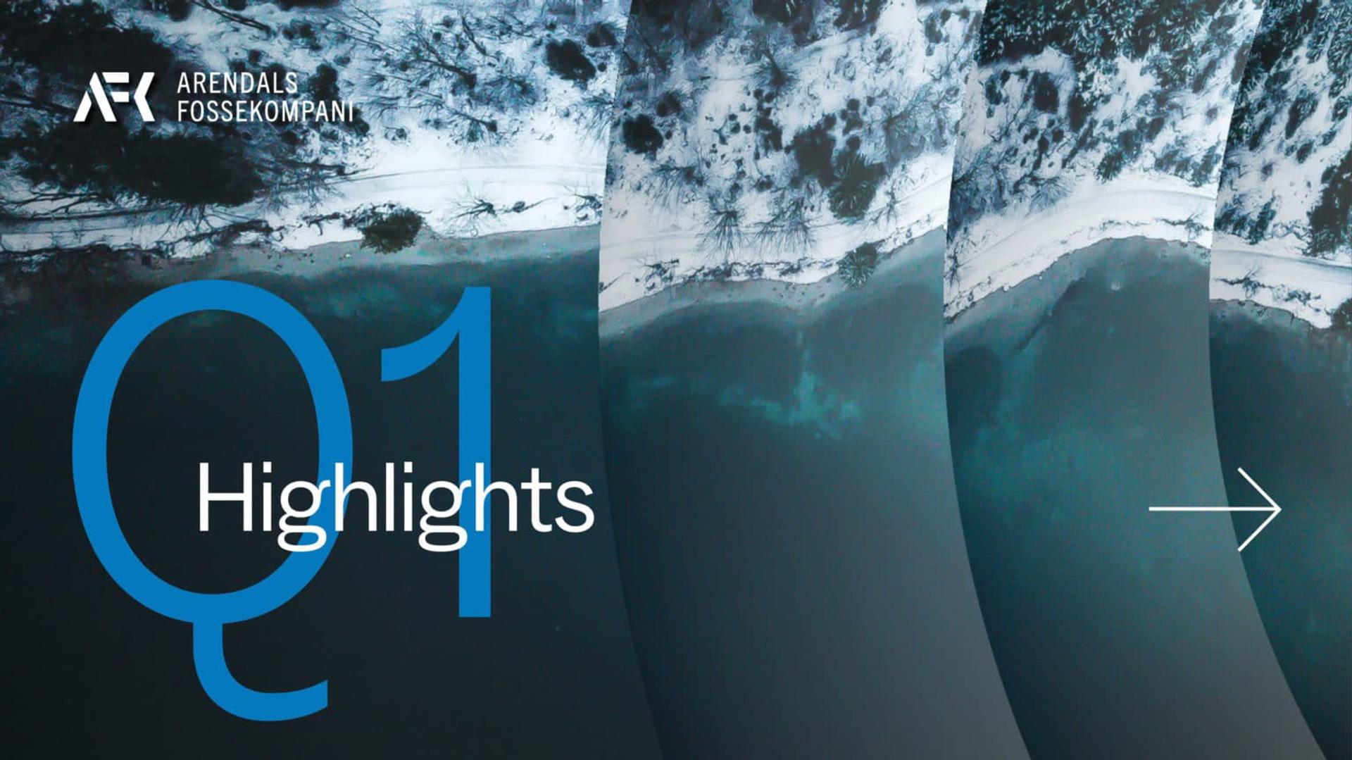 The image displays the cover for the "Q1 financial results" report by Arendals Fossekompani. The cover features a aerial view of a coastline.