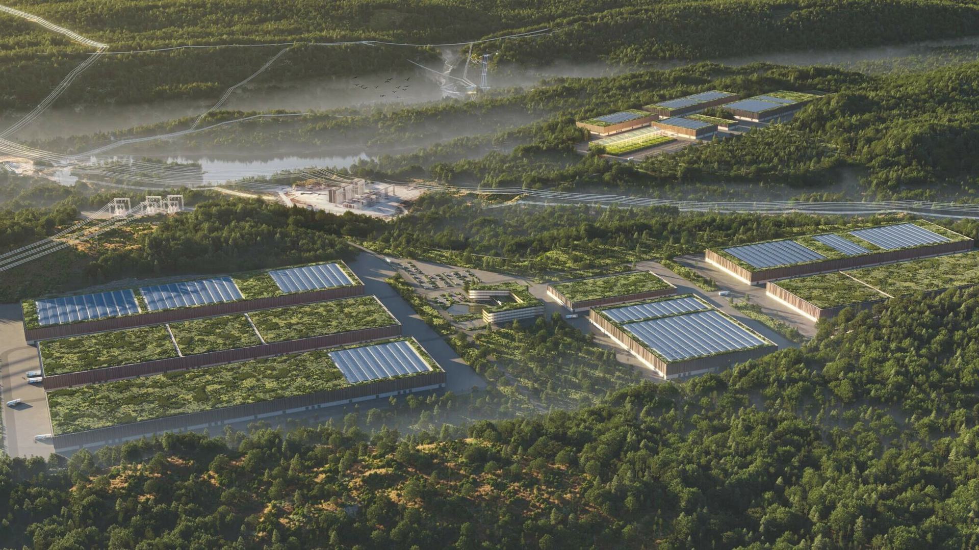 a render of the Bøylestad Energy Park. The facility features several buildings with solar panels on the rooftops and green areas, indicating an eco-friendly design.