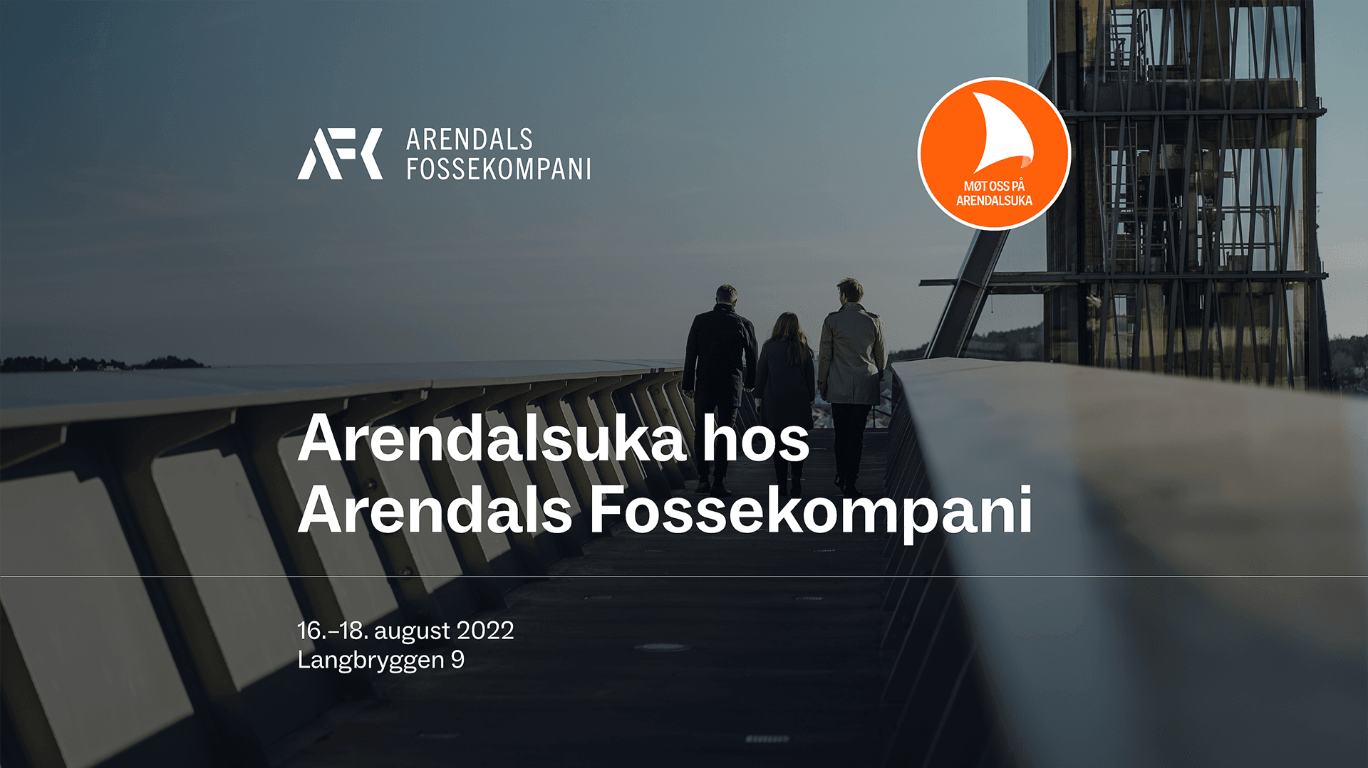 The image is a promotional graphic for "Arendalsuka".The design features the logo of Arendals Fossekompani and the logo of Arendalsuka. The background shows a scenic view with people walking at the glass elevator of Arendal.