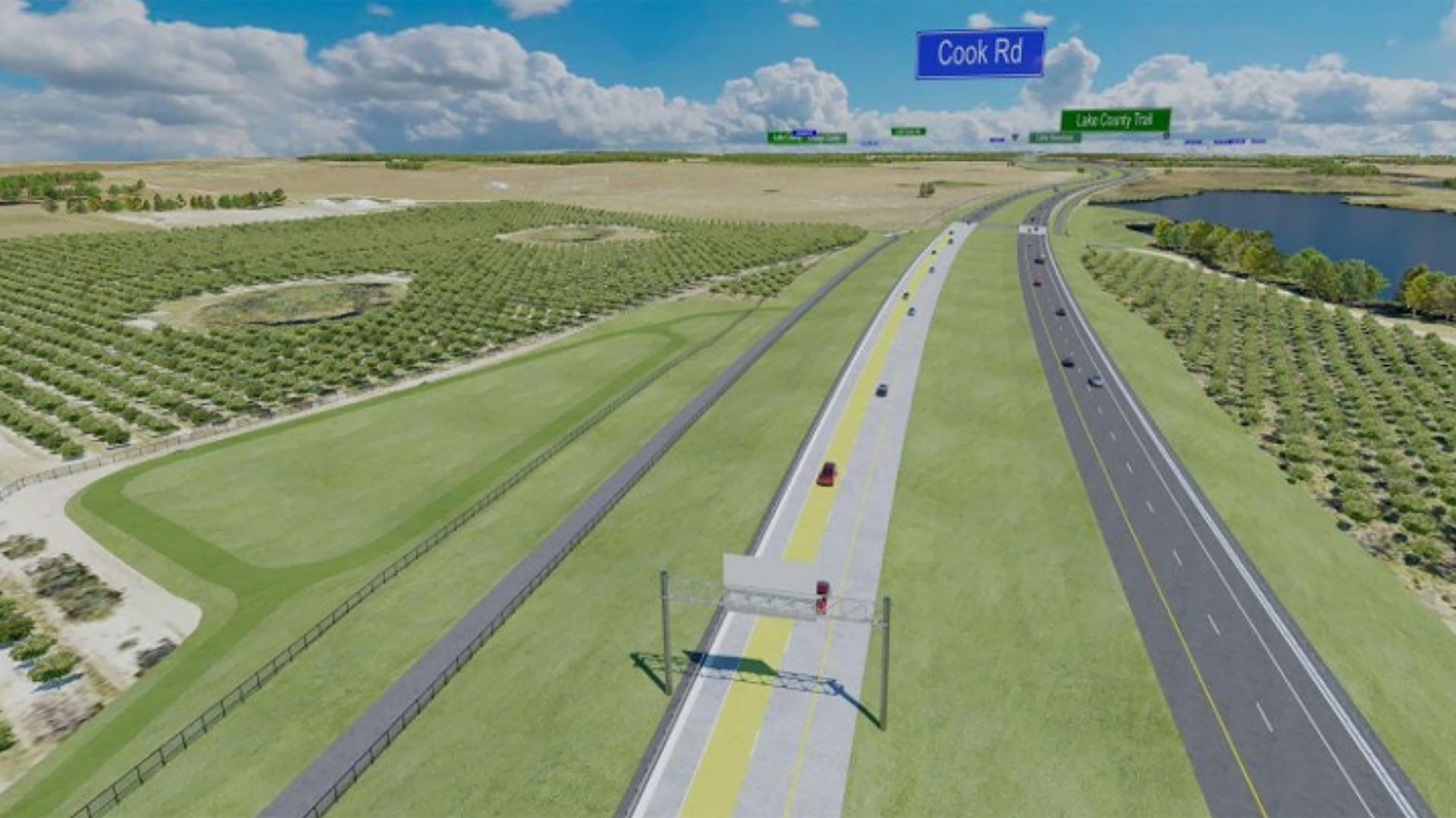 A digital rendering of a highway passing through a rural landscape.