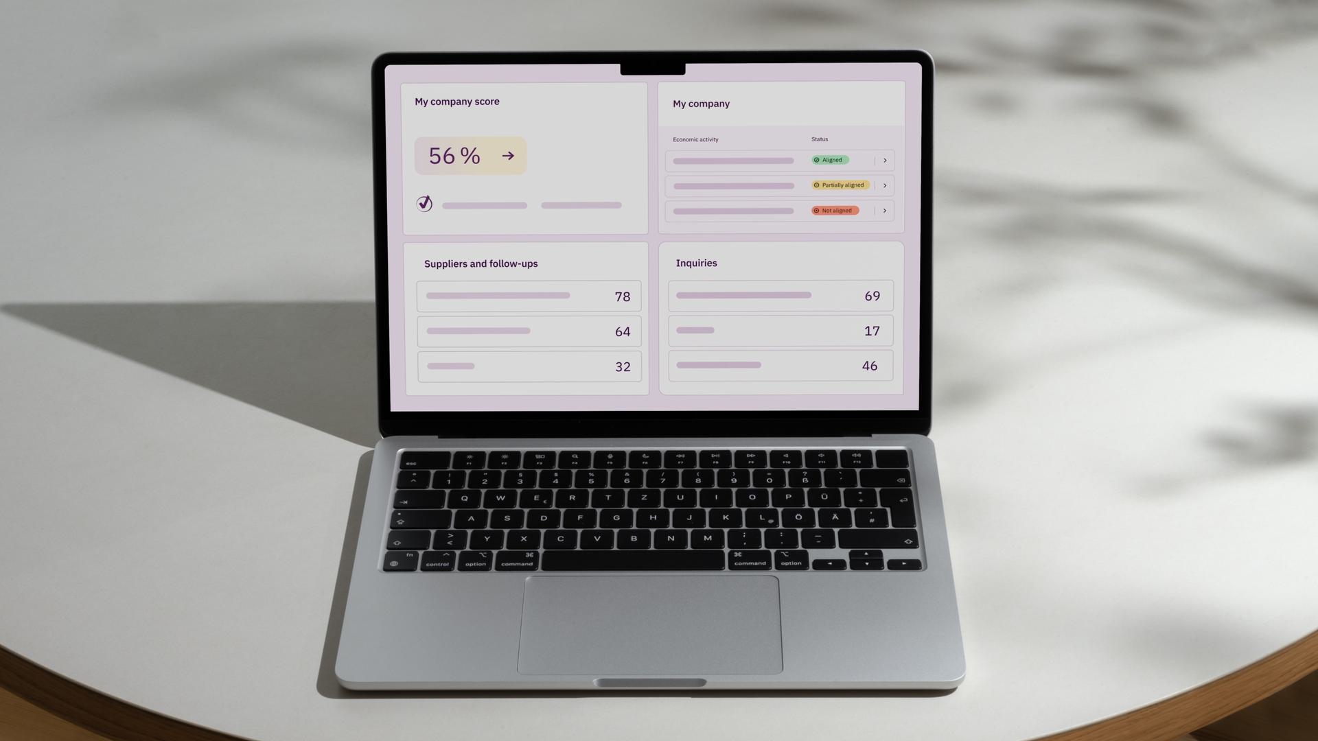 A laptop on a round table displaying Factlines.