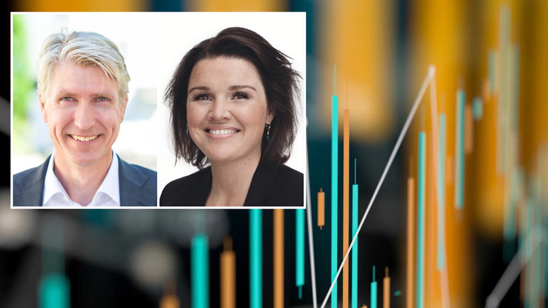 A composite image featuring two portraits, one of Marie Thuestad and one of Espen Zachariassen, with a background of financial charts and graphs in varying colors of blue, orange, and green, symbolizing market trends and data analysis.