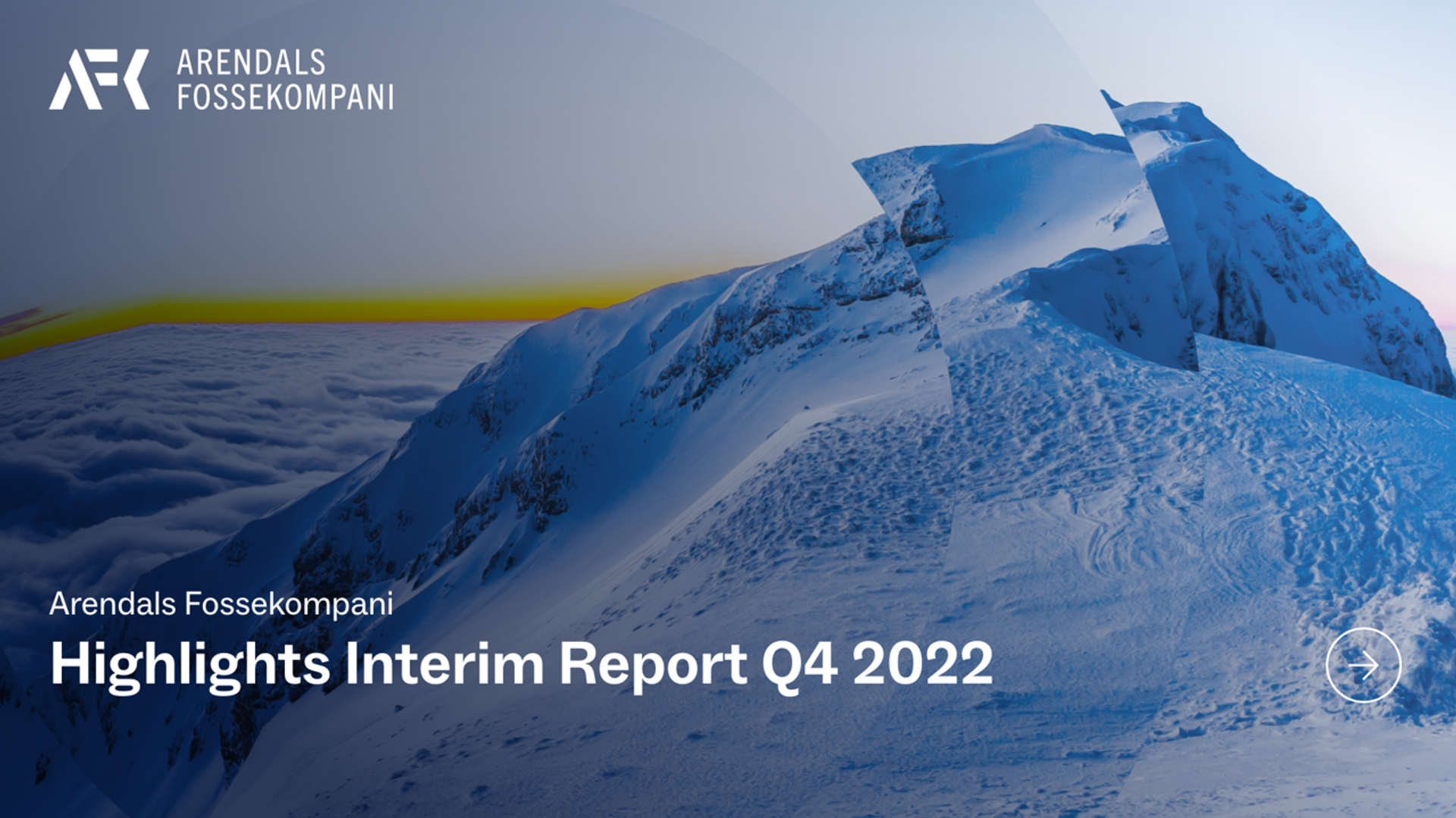 A promotional image for Arendals Fossekompani featuring the text "Highlights Interim Report Q4 2022." The background shows a snowy mountain landscape with a clear sky, and the company's logo is displayed at the top left corner.