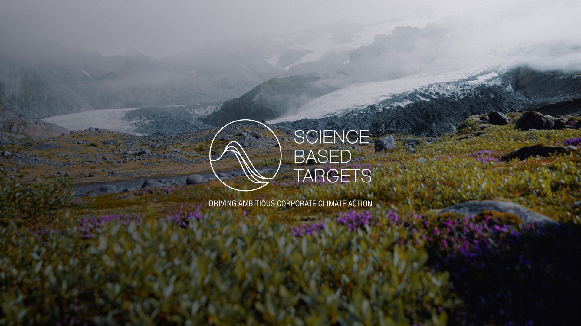 A landscape view of a mountainous area with a mix of green and purple vegetation in the foreground and a glacier or snow-covered peaks in the background. The image features the logo of  "Science Based Targets".